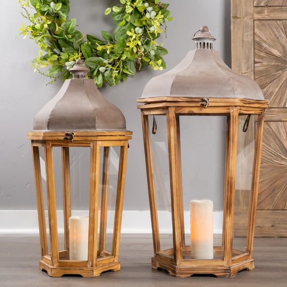 Tapered-Wooden-Floor-Lantern-with-Rustic-Metal-Lid,-Set-of-2-Lanterns
