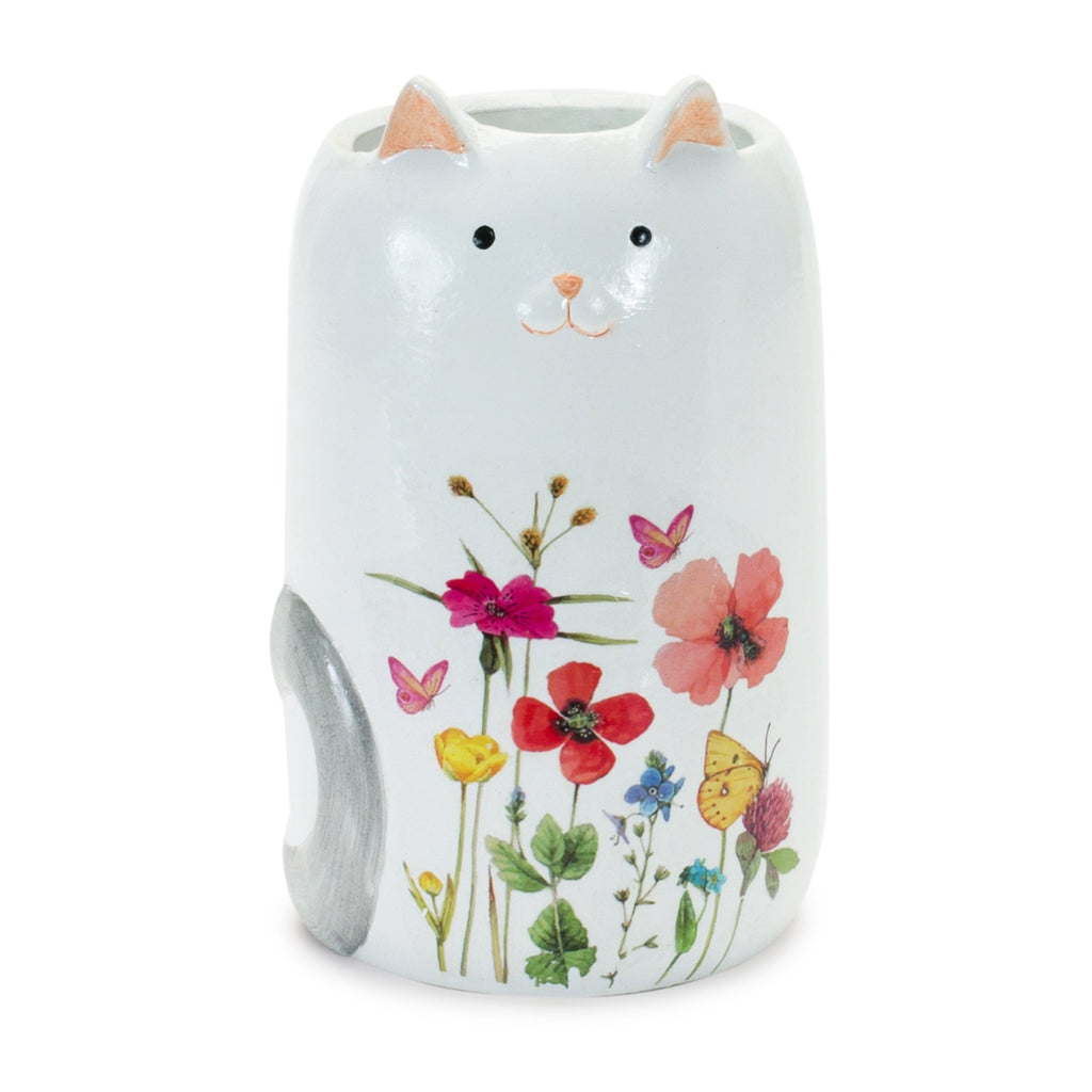 Terra Cotta Cat Vase with Painted Floral Design, Set of 4 - Vases