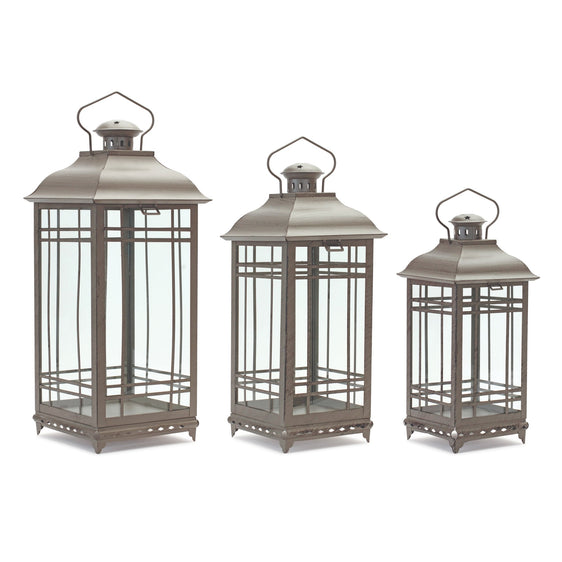 Traditional-Brown-Metal-Lantern,-Set-of-3-Lanterns