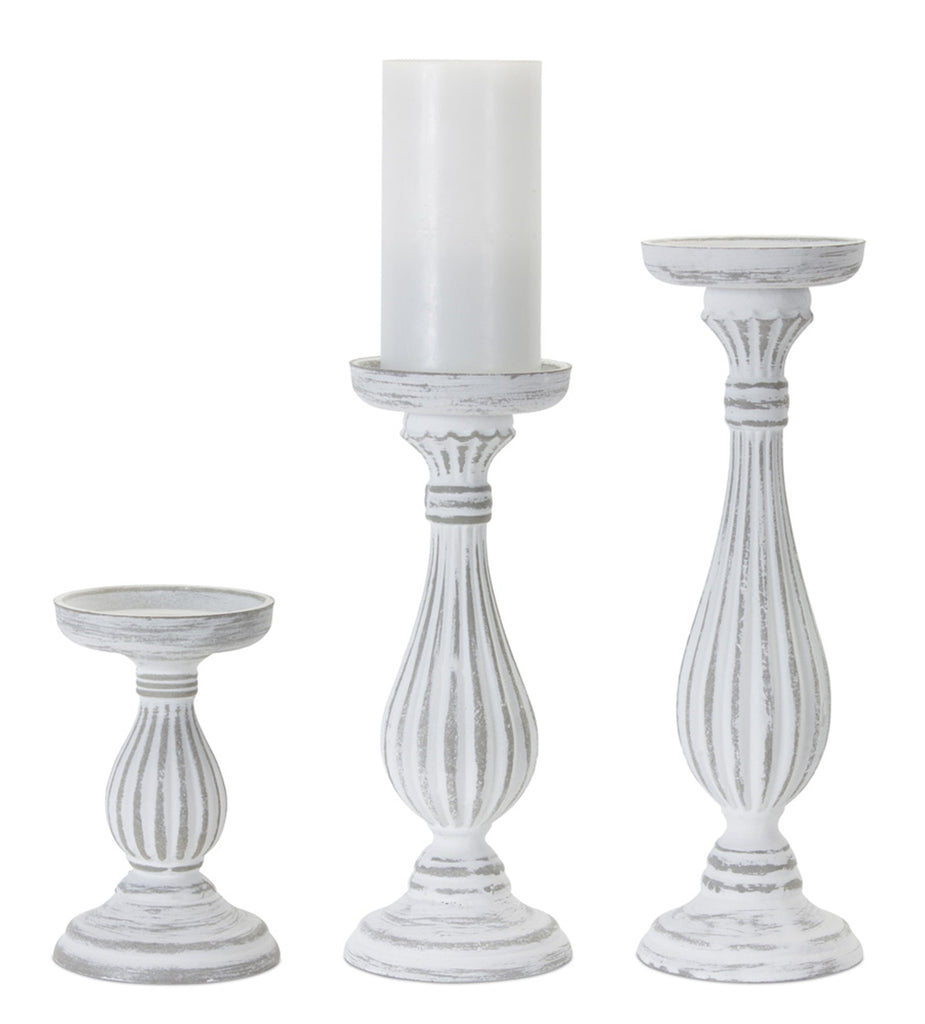 Traditional White Washed Wooden Candle Holder, Set of 3 - Candles and Accessories