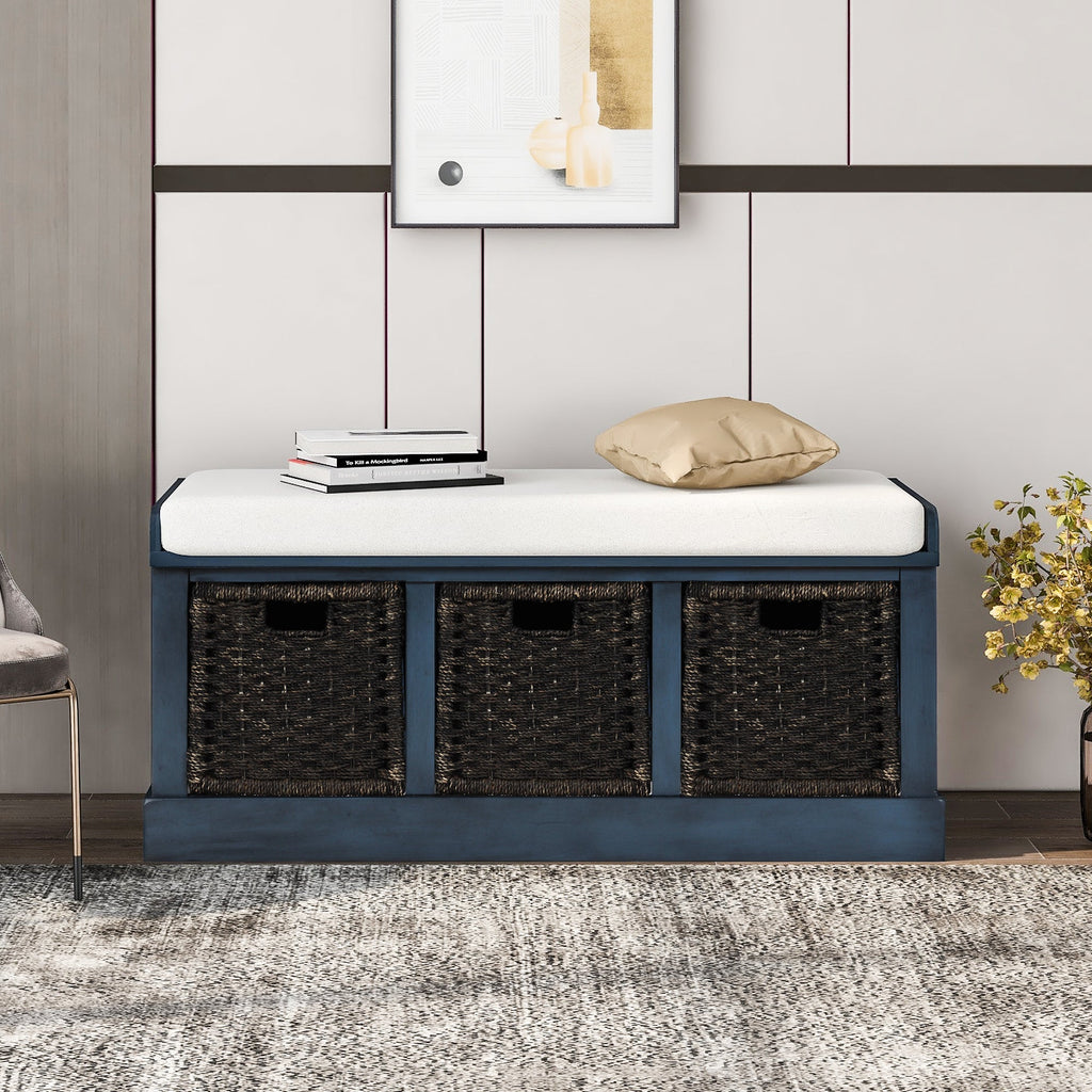 Trexm Rustic Storage Bench with 3 Removable Classic Rattan Basket, Antique Navy - Benches
