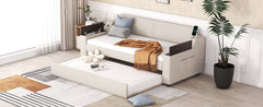 Twin Upholstery Daybed with Storage Arms, Trundle and USB Port, Beige - Trundle Beds