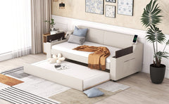 Twin Upholstery Daybed with Storage Arms, Trundle and USB Port, Beige - Trundle Beds