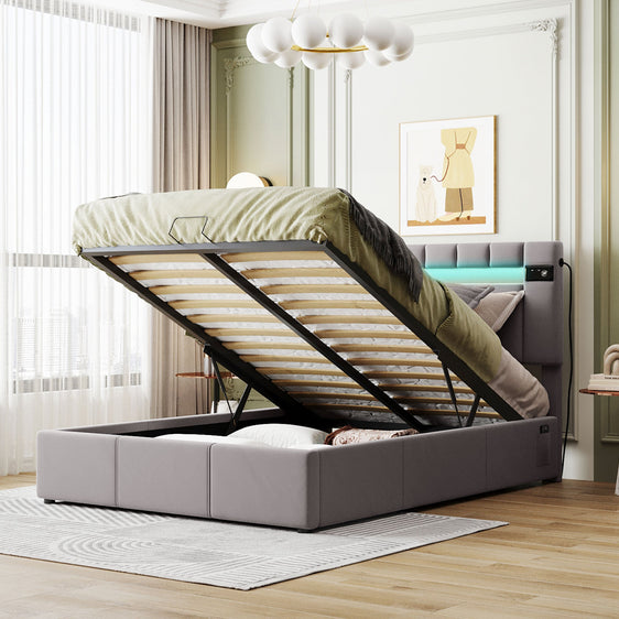 Upholstered Full Storage Bed with LED light, Bluetooth Player and USB Charging - Beds