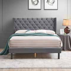 Velvet Button Tufted Upholstered Bed with Wings Design, Queen Size - Beds