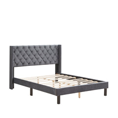 Velvet Button Tufted Upholstered Bed with Wings Design, Queen Size - Beds