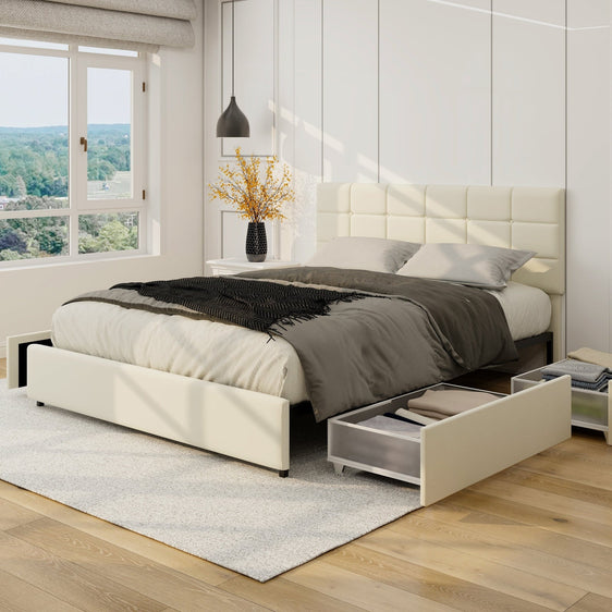 Vera Queen Size Ivory Velvet Upholstered Platform Bed - Beds