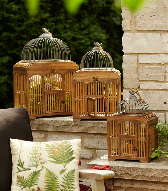 Vintage Style Wooden Bird Cage with Metal Top, Set of 3 - Decor