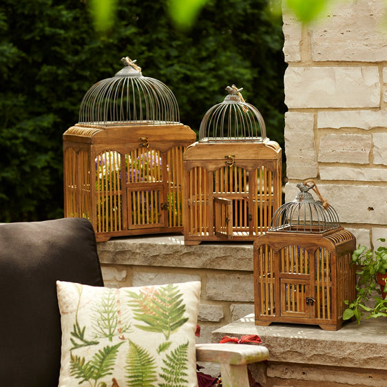 Vintage Style Wooden Bird Cage with Metal Top, Set of 3 - Decor