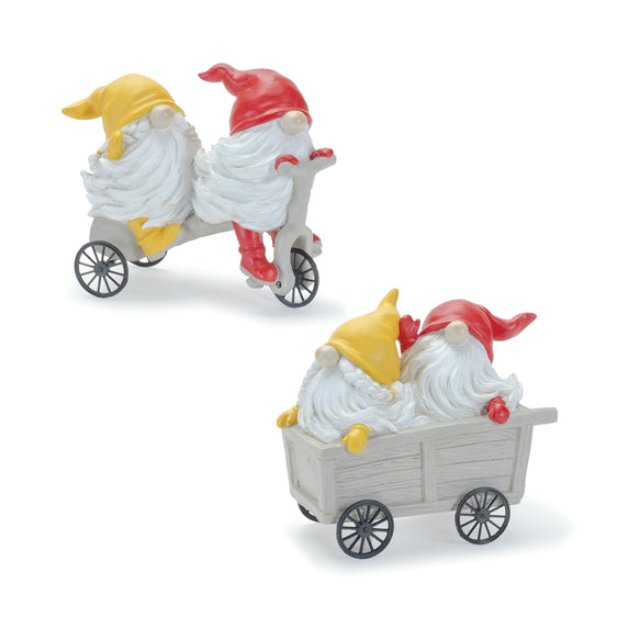 Whimsical-Garden-Gnome-Figurine-Riding-a-Scooter-and-Wheelbarrow,-Set-of-2-Decor