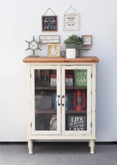 White Distressed Entryway Cabinet with Carved Doors - Cabinets