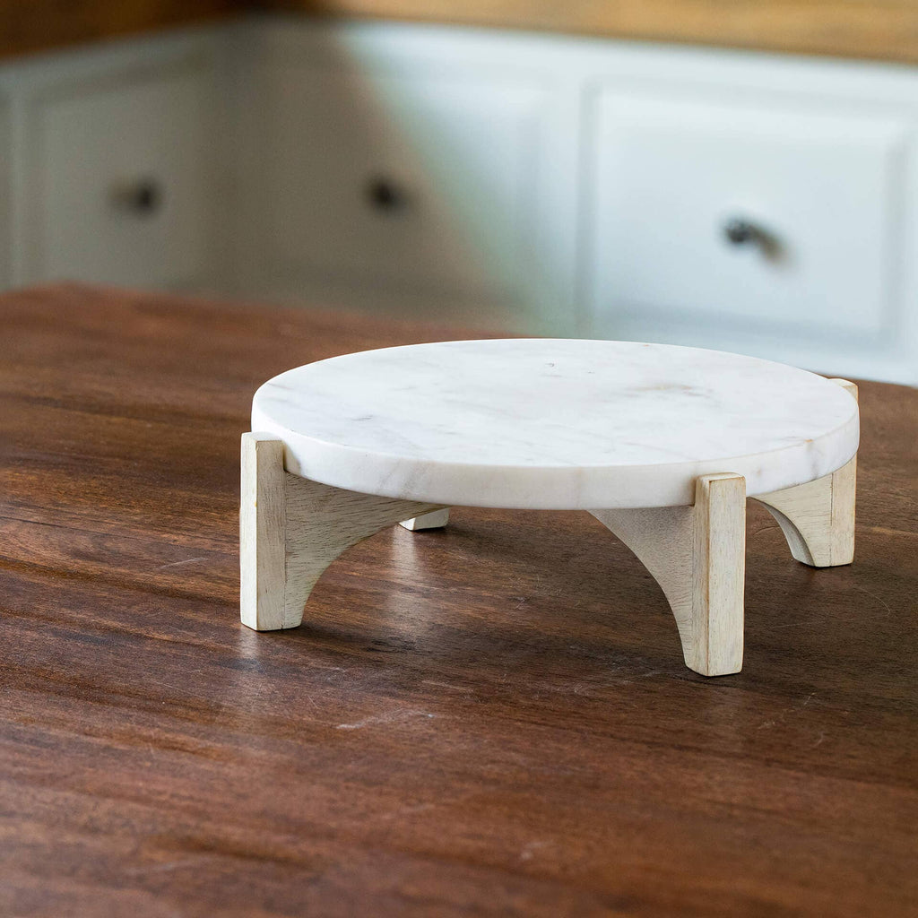 White Marble Cake Stand With Wooden Base - Serveware