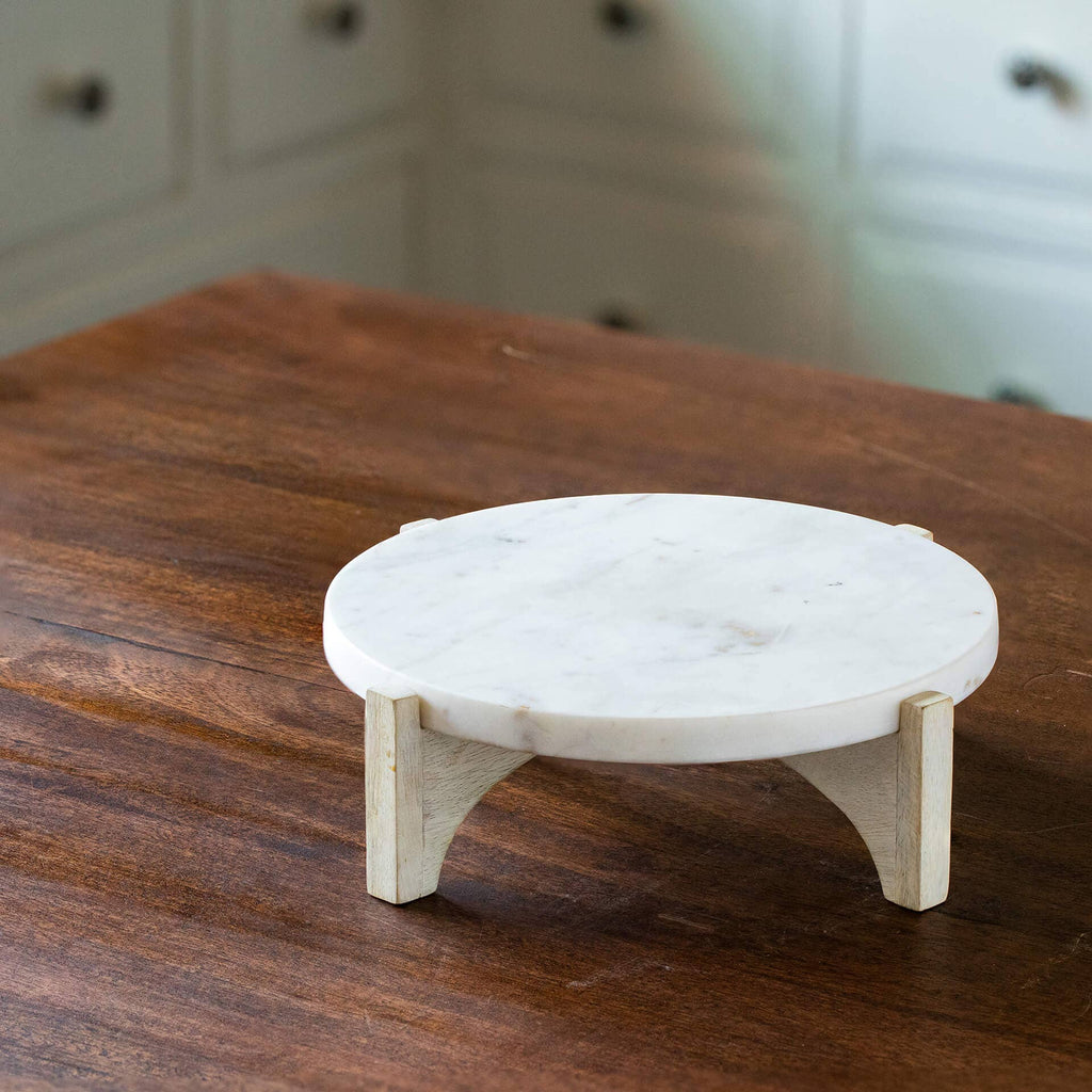 White Marble Cake Stand With Wooden Base - Serveware