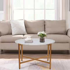 White Marble Coffee Table with Golden Metal Frame - Coffee Tables