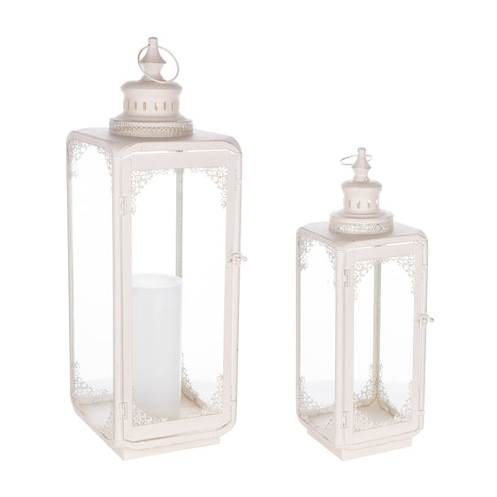 White-Ornate-Curved-Metal-Lantern,-Set-of-2-Lanterns