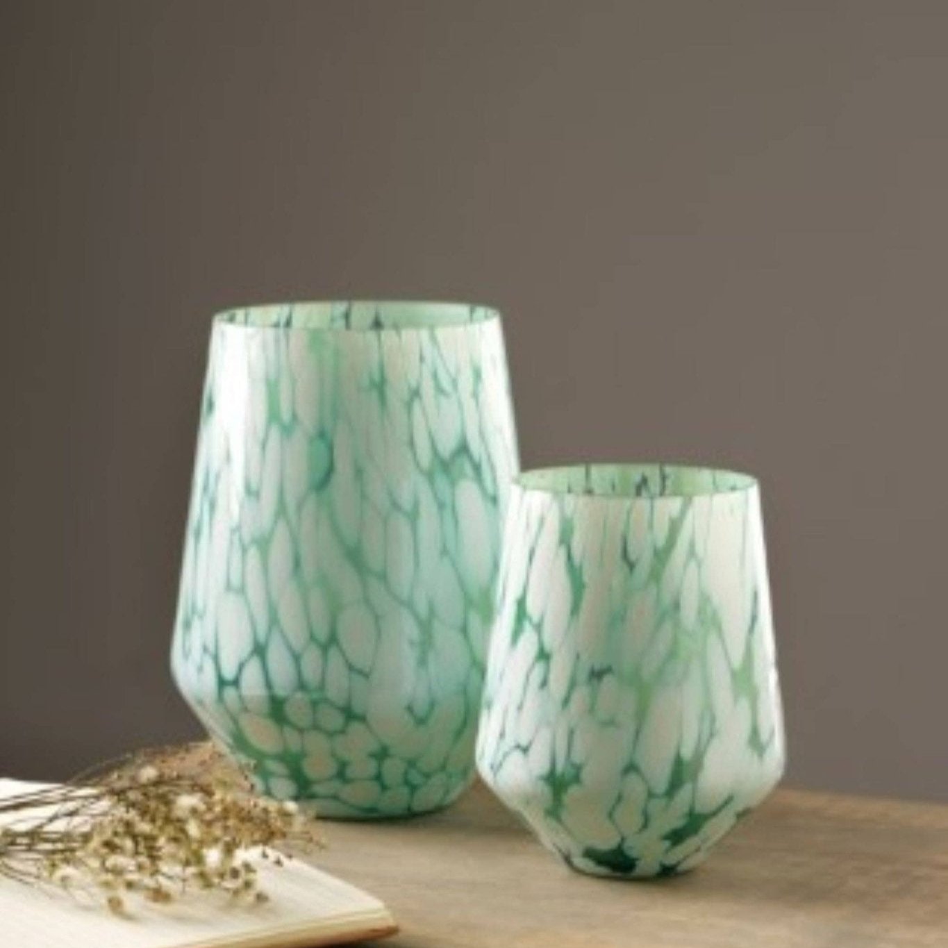 White Splutter Green Glass Hurricane - Candle Holders