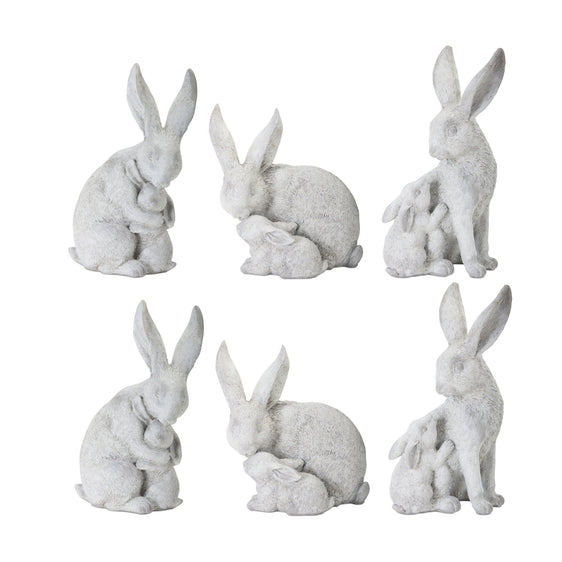 White Stone Garden Rabbit with Baby Bunny Figurine, Set of 6 - Outdoor Decor