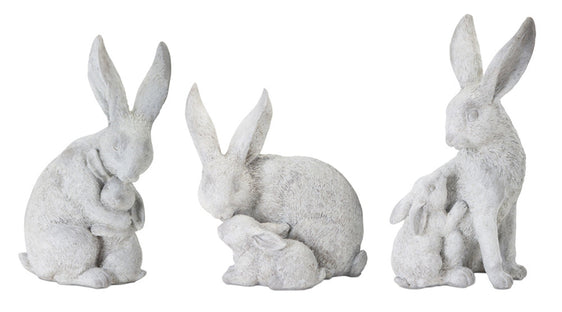 White-Stone-Garden-Rabbit-with-Baby-Bunny-Figurine,-Set-of-6-Outdoor-Decor