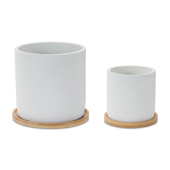 White Stone Planter with Wood Plate, Set of 2 - Planters