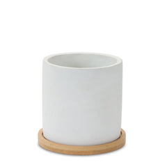 White Stone Planter with Wood Plate, Set of 2 - Planters