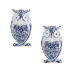 White Washed Owl Décor with Blue Floral Design 6.5" - Decor