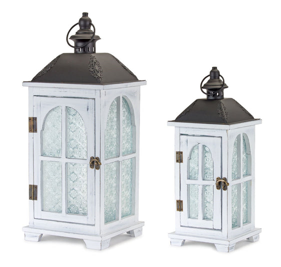 White-Wood-Lantern-with-Ornate-Frosted-Glass,-Set-of-2-Lanterns