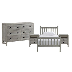 Windsor 4-Piece Wood Bedroom Set with Slat Twin Bed, 2 Nightstands and 5- Drawer Chest, Gray - Children's Furniture