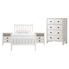 Windsor 5-Piece Bedroom Set with Slat Twin Bed, 2 Nightstands, 5-Drawer Chest and 6-Drawer Dresser, White - Children's Furniture