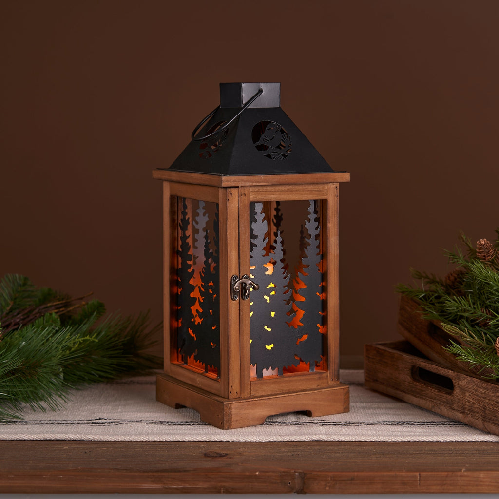 Wood Lantern with Cut Out Forsest Design 14.75" - Lanterns