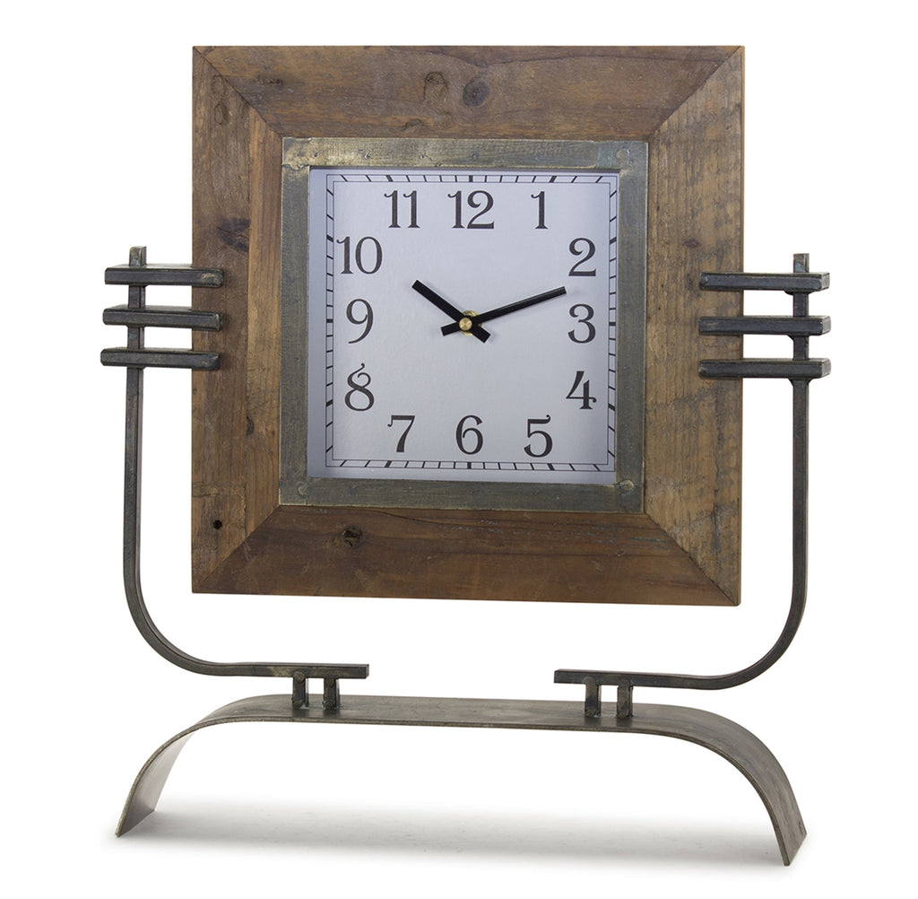 Wood Square Clock on Rustic Metal Stand 17.5" - Clocks