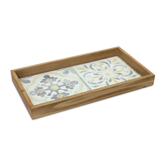 Wood Tray with Vintage Tile Design 17" - Decorative Trays