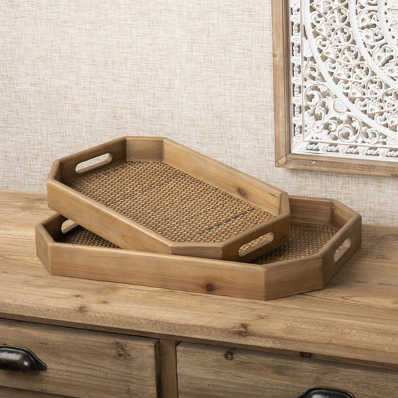 Wooden Tray with Rattan Accent, Set of 2 - Decorative Trays