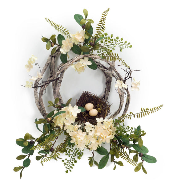 Woven Grapevine Wreath with Hydrangea and Bird Nest Accents, Set of 4 - Wreaths