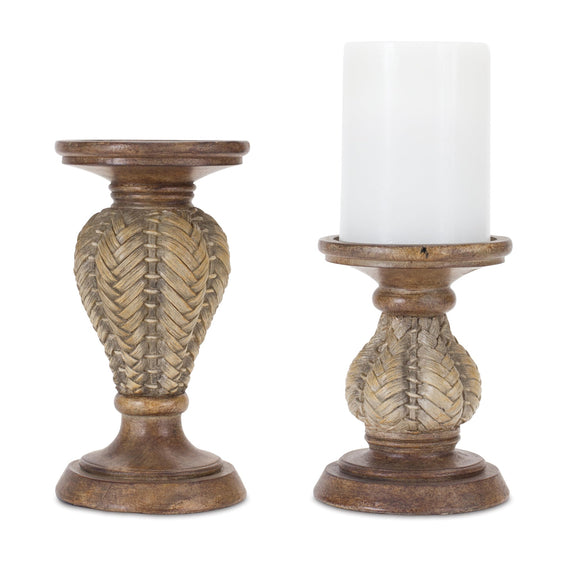 Woven Wood Design Candle Holder (Set of 2) - Decorative Accessories