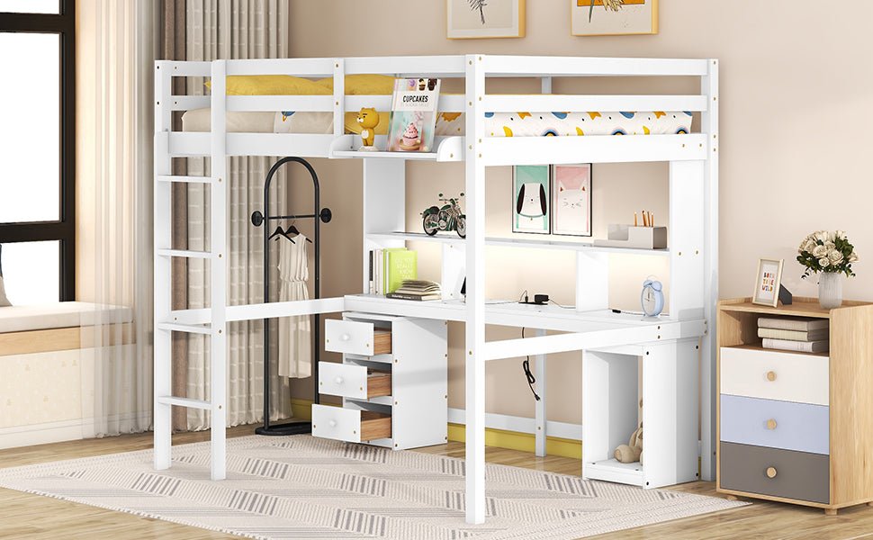 Zanesville Loft Bed with Multi-Storage Desk, LED Light, Bedside Tray and Charging Station - Beds